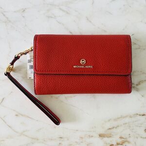 MICHAEL KORS Jet Set Charm Red Terracotta Leather Flap Phone Wallet Wristlet